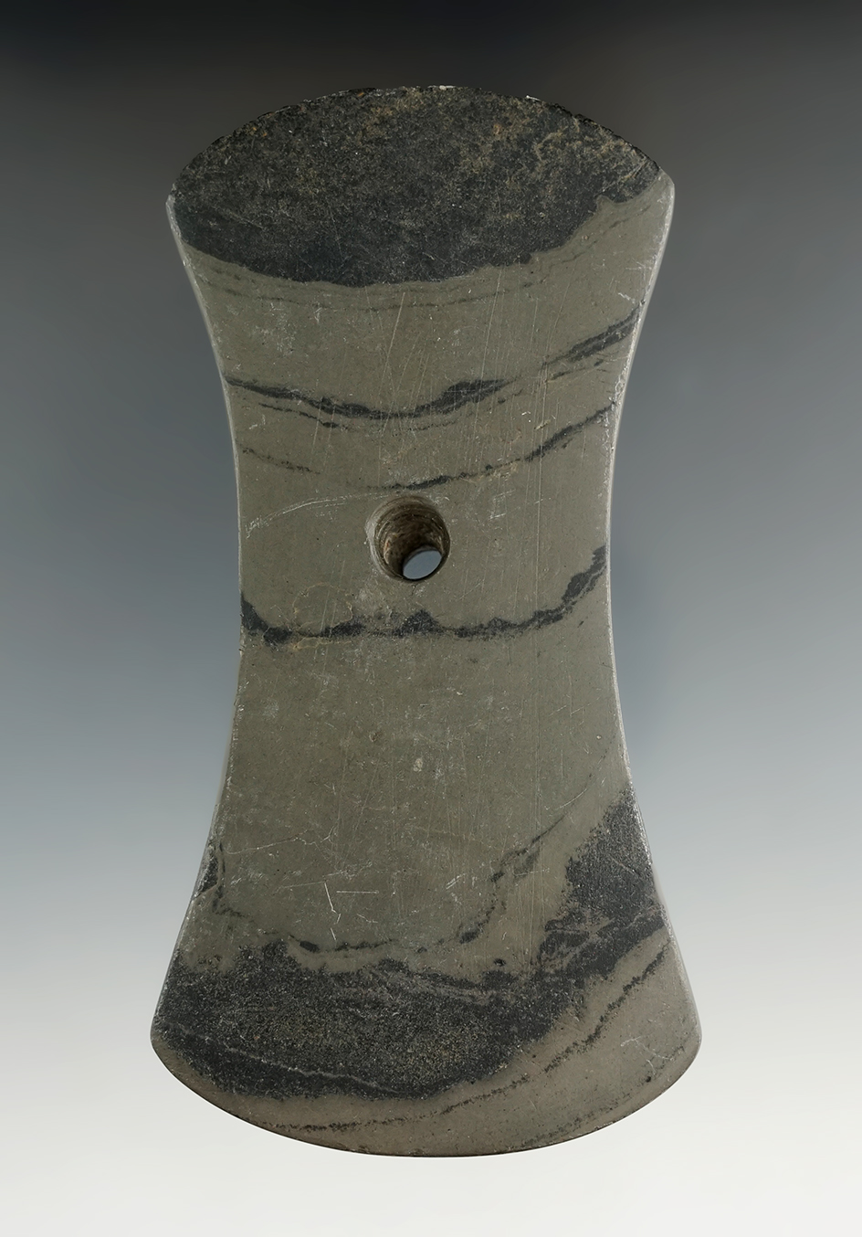 4 7/16" Adena Bi-Concave Pendant made from green and black Banded Slate. Ex. Warren K. Moorehead.