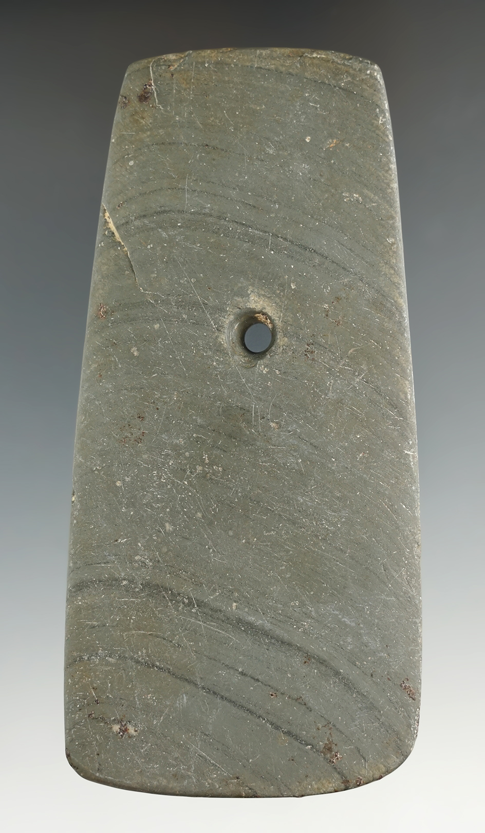 4 7/16" Adena Trapezoidal Pendant made from gray and black Banded Slate. Found in Medina Co., Ohio.