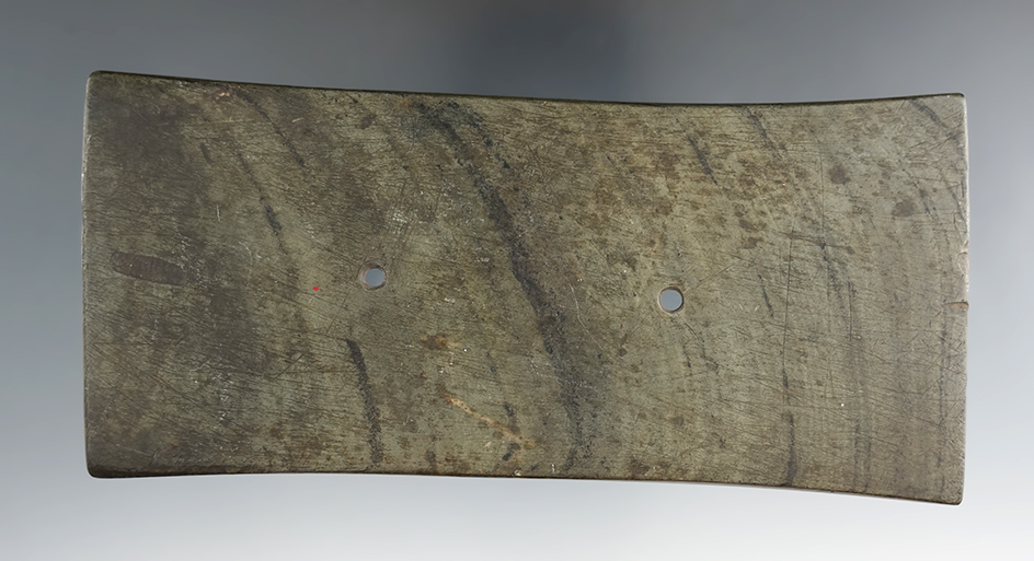 5 3/8" Adena Tablet Gorget made from green and black Banded Slate. Some engraving on surface.