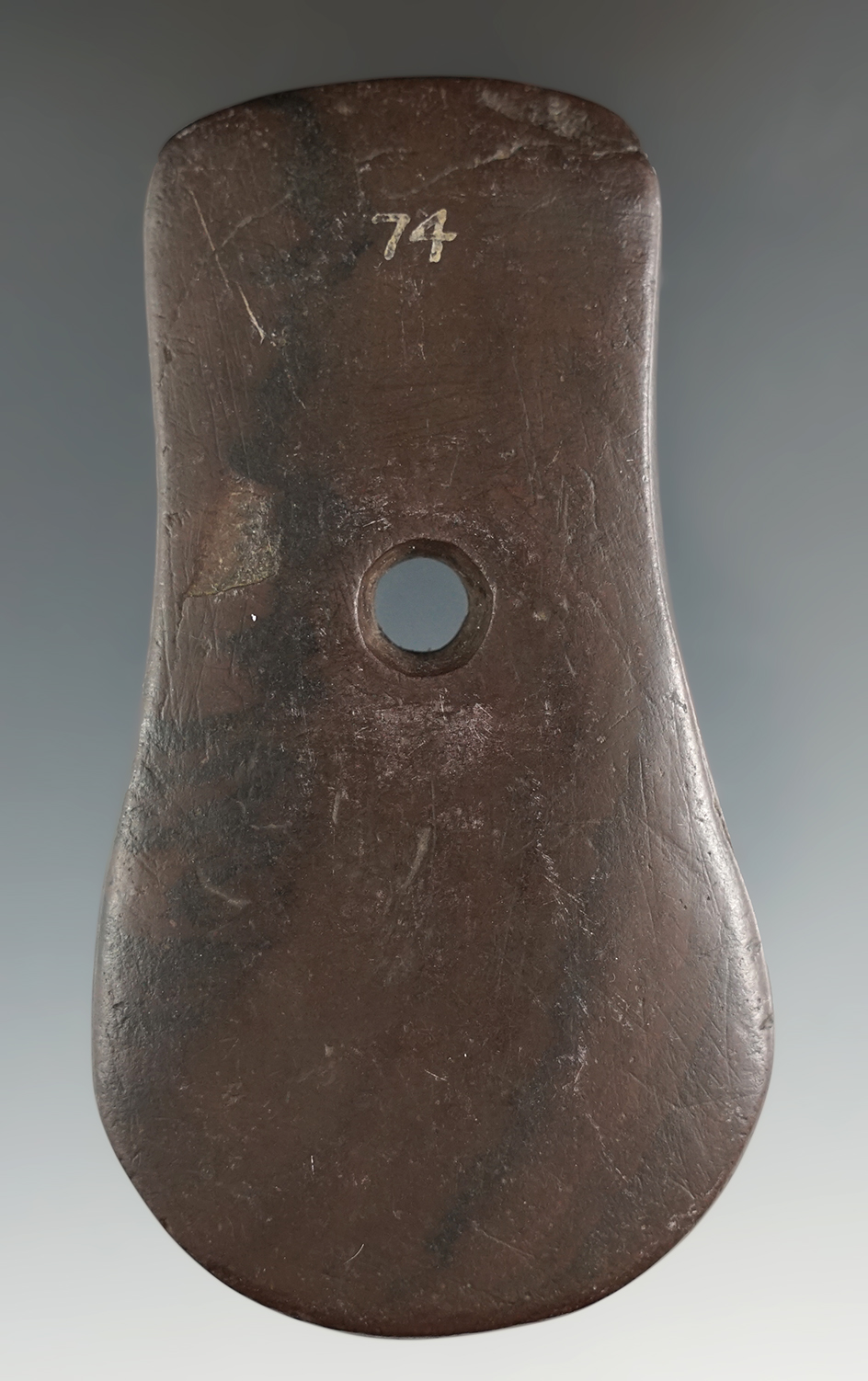 3 5/8" Adena Keyhole Pendant made from Mottled Slate, found in Brown Co., Ohio.
