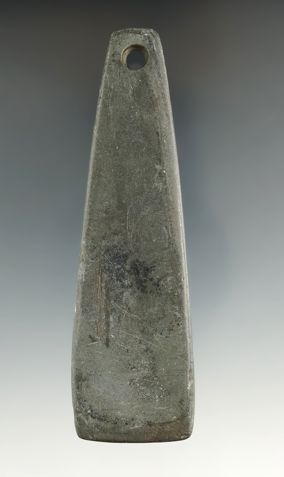 4 1/4" Adena Trapezoidal Pendant made from green and black Banded Slate, found in Morrow Co., Ohio.