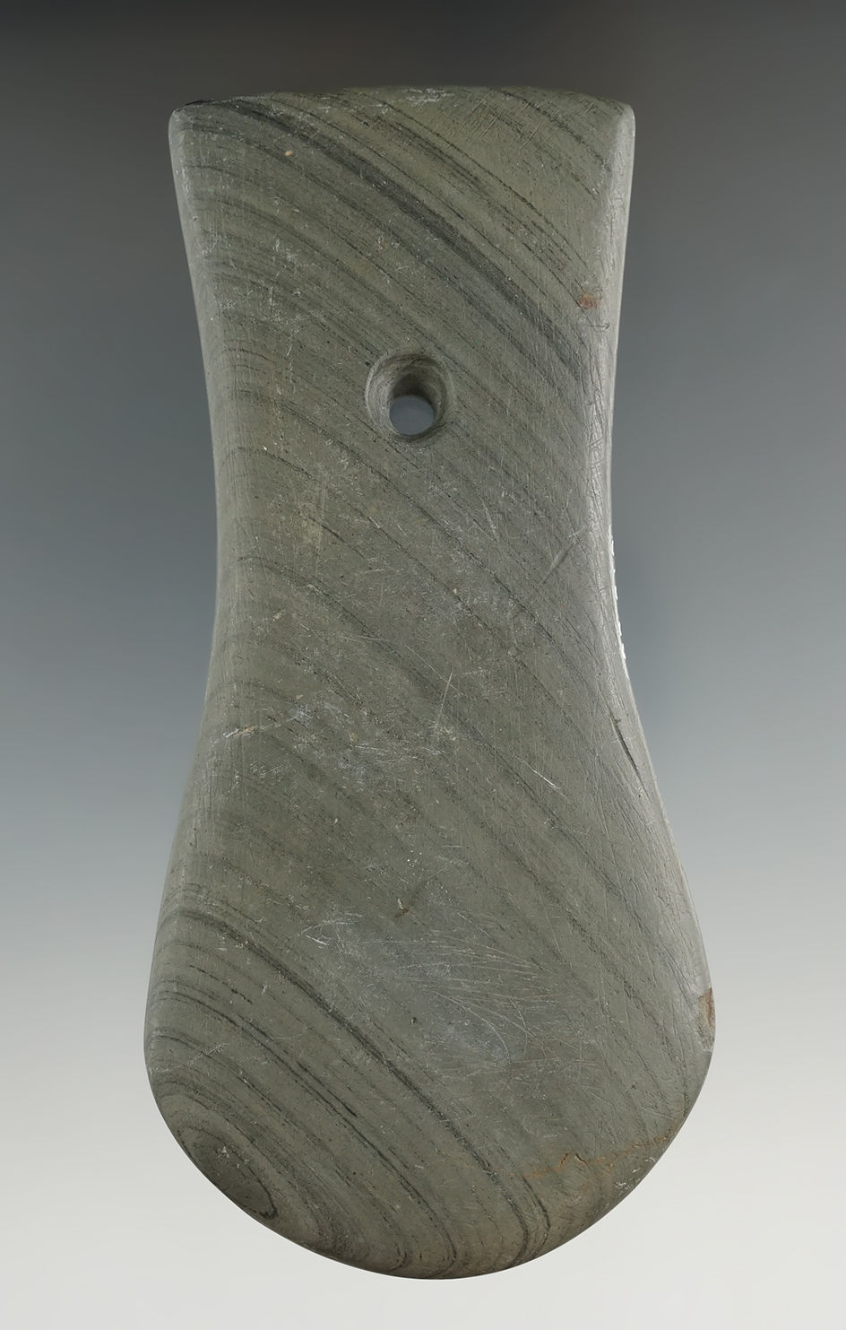 Nice style on this 4 3/4" Adena Keyhole Pendant found near Wadsworth, Ohio. Pictured in Ohio Slate T