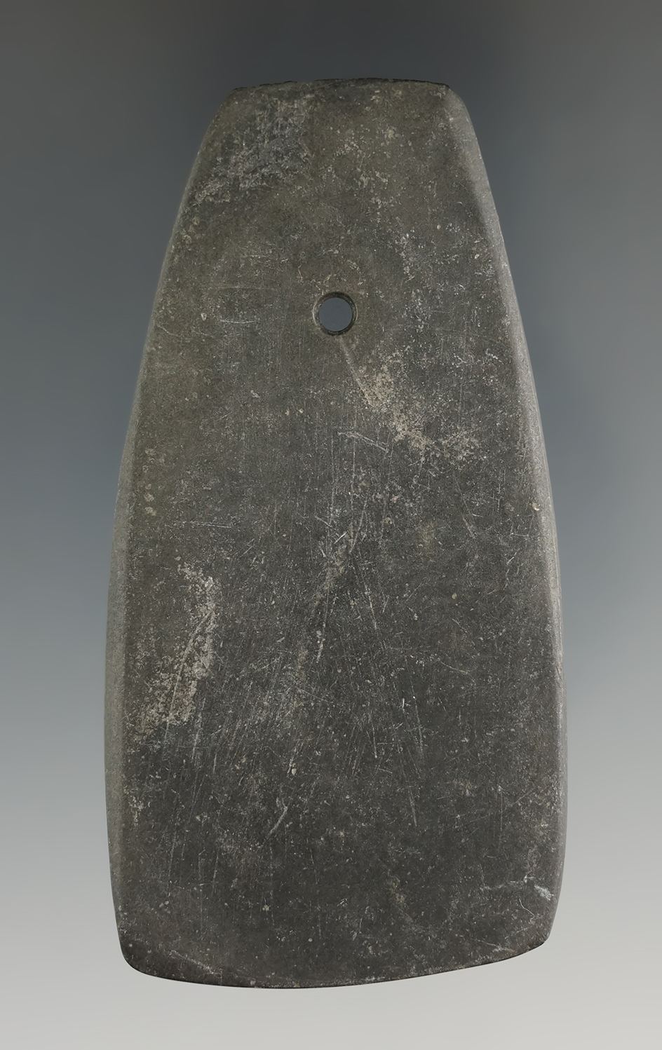 3 1/4" Hopewell Trapezoidal Pendant with worn down fringes on top. Found in Logan Co., Ohio. Ex. Weh