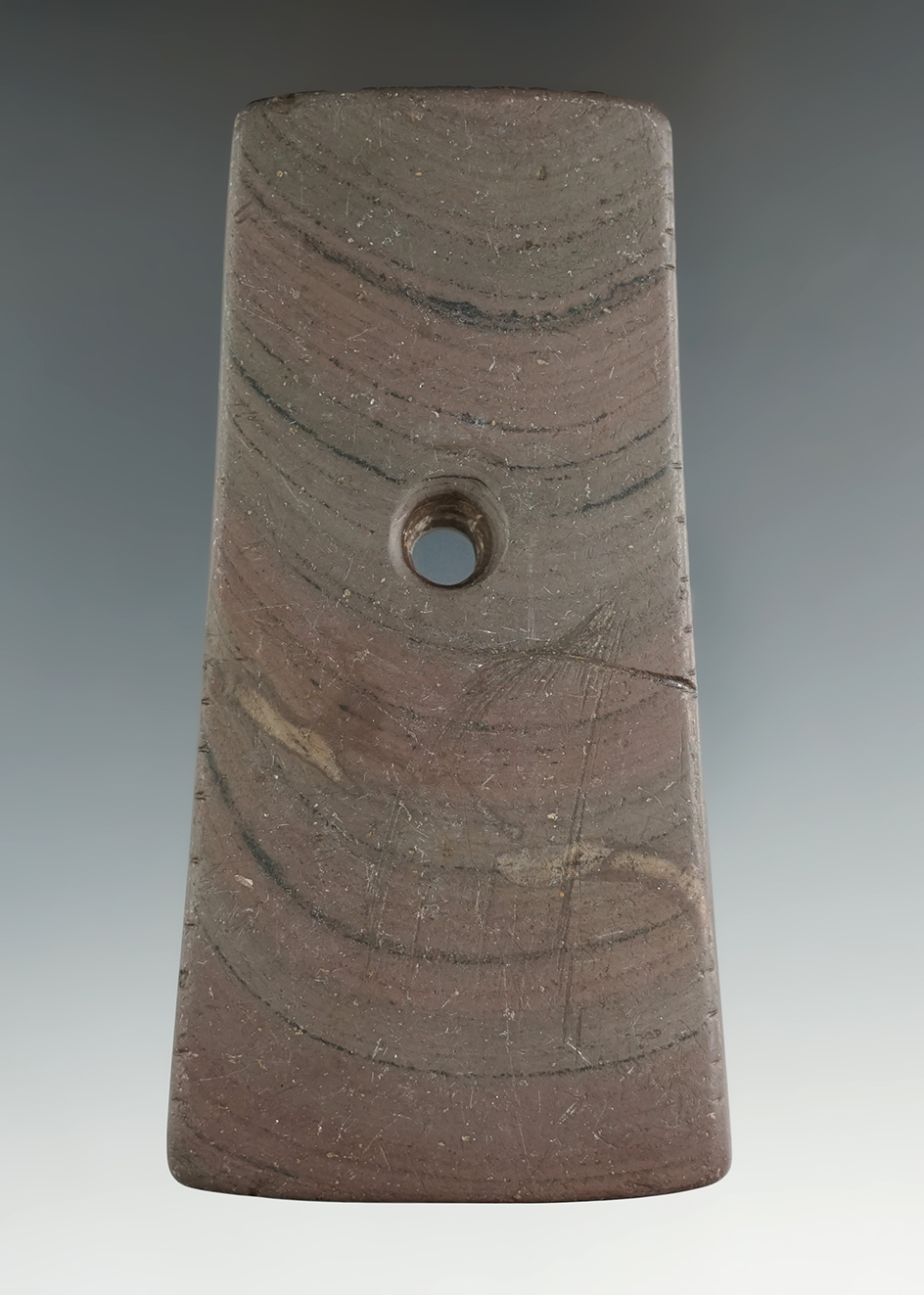 4" Adena Trapezoidal Pendant made from Banded Slate, with 41 tally marks, found in Ohio.