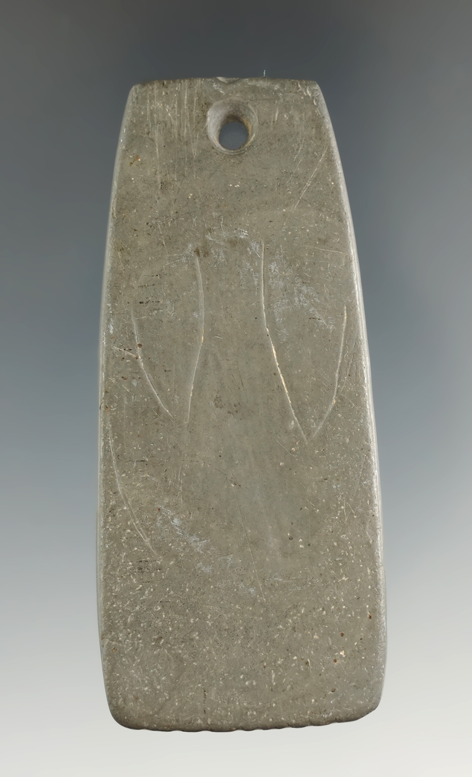 3" Woodland Trapezoidal Pendant that is engraved and fringed on one end found in Clark Co., Ohio.