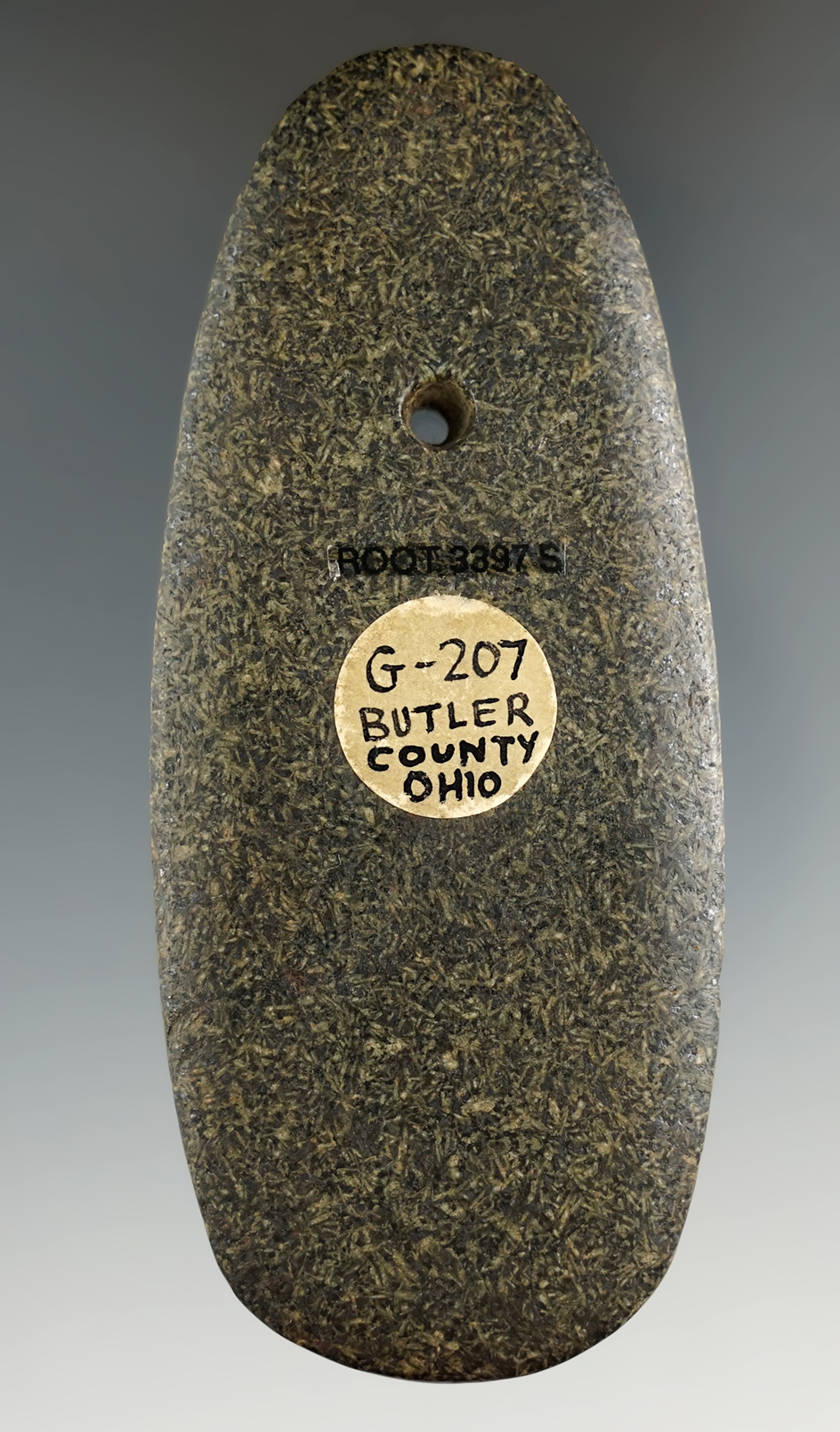 3 15/16" Intrusive Mound Trapezoidal Pendant found in Butler Co., Ohio. Ex. B.W. Stephens.