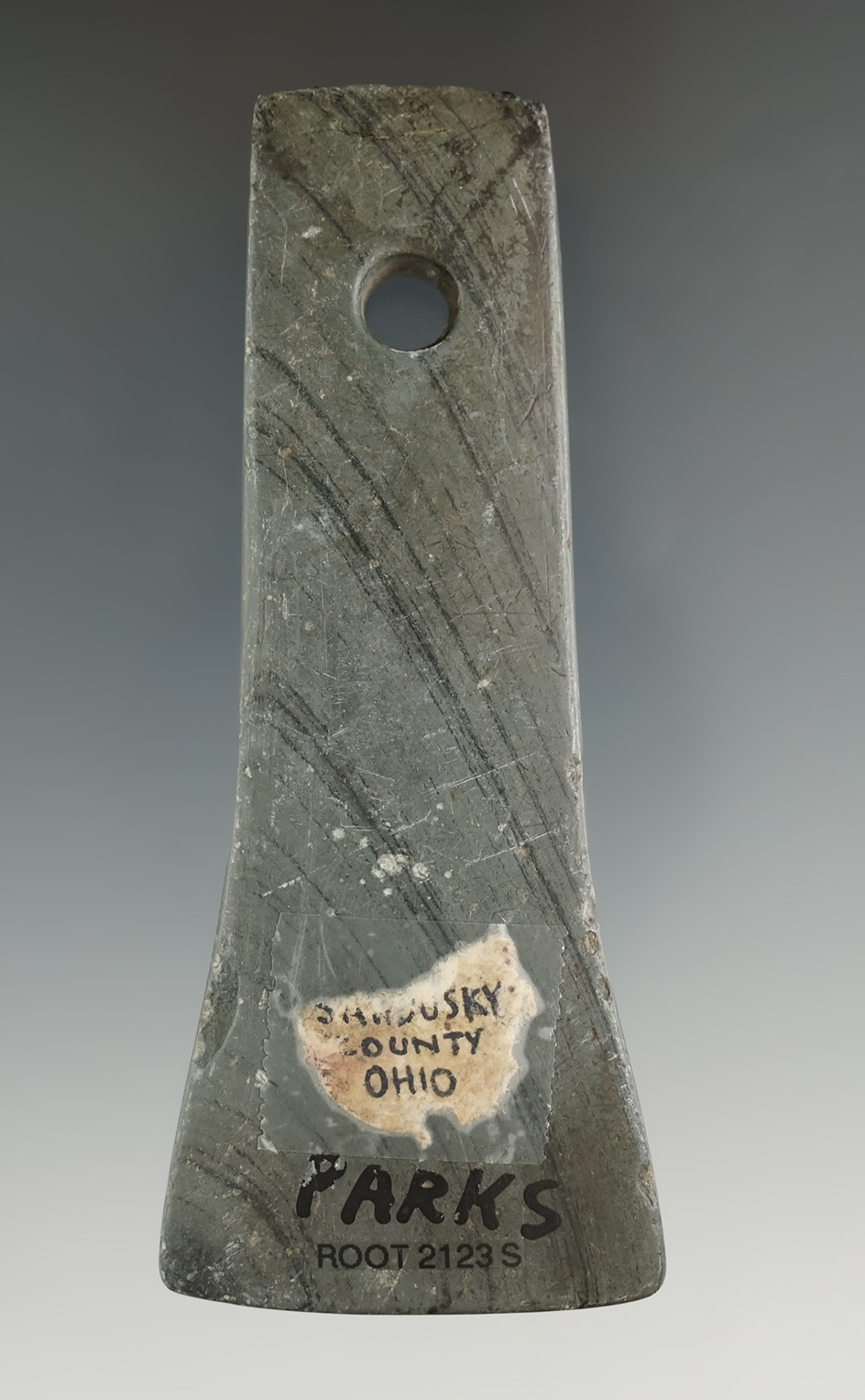 3 15/16" Adena Bell Pendant found in Sandusky Co., Ohio. Ex. Cameron Parks Collection.