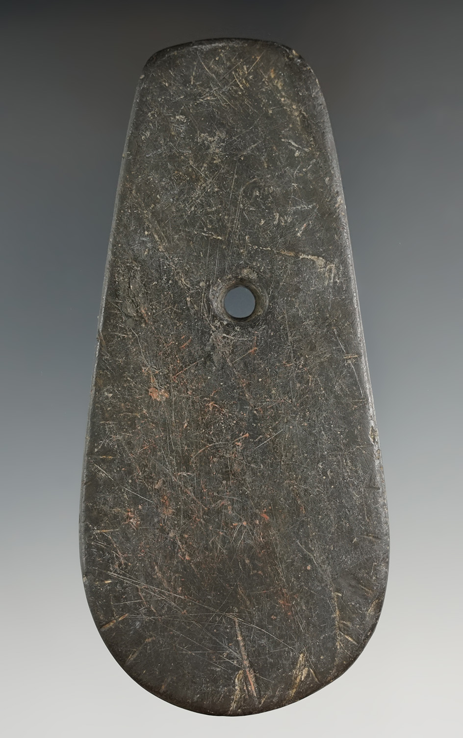 4 5/8" Hopewell Pendant made from Banded Slate with engravings on both sides. Ex. Elmer Grimm.