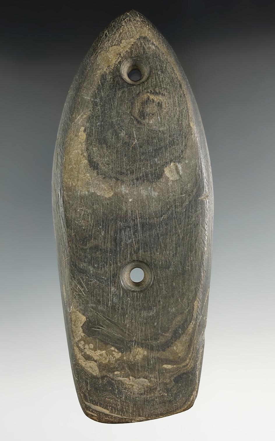 5 15/16" Glacial Kame Coffin Gorget found West of Kenton along the Scioto River in Hardin Co., Ohio.