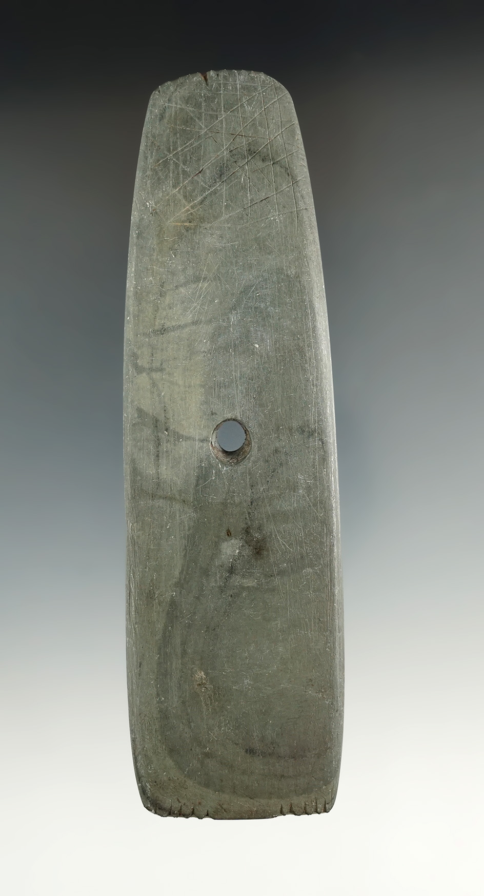 5 1/8" Hopewell Trapezoidal Pendant that is fringed on both ends and engraved on both sides. Ohio.