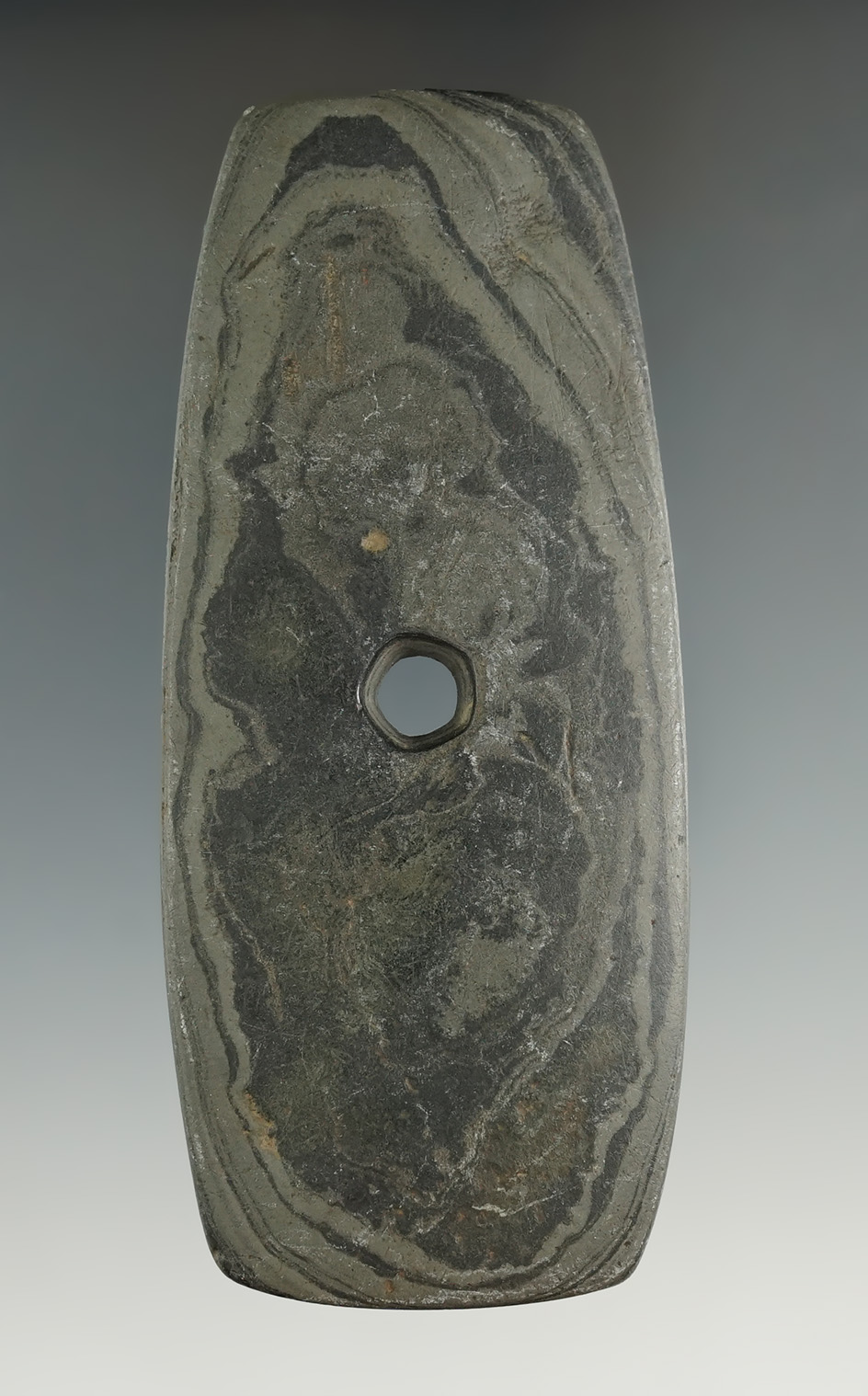 4 1/8" Adena Trapezoidal Pendant made from Mottled Slate, found in Warren Co., Ohio.