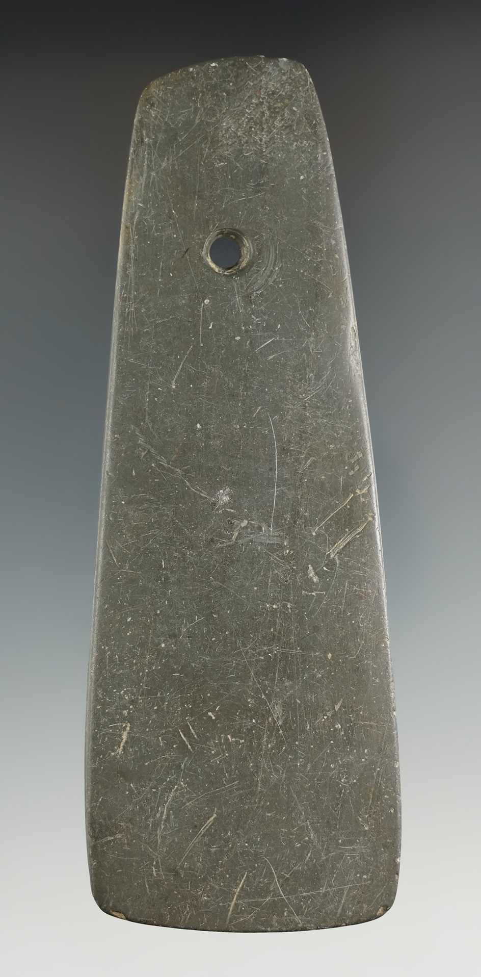 4 11/16" Hopewell Trapezoidal Pendant made from Slate, found in Holmes Co., Ohio. Ex. Ensil Chadwick