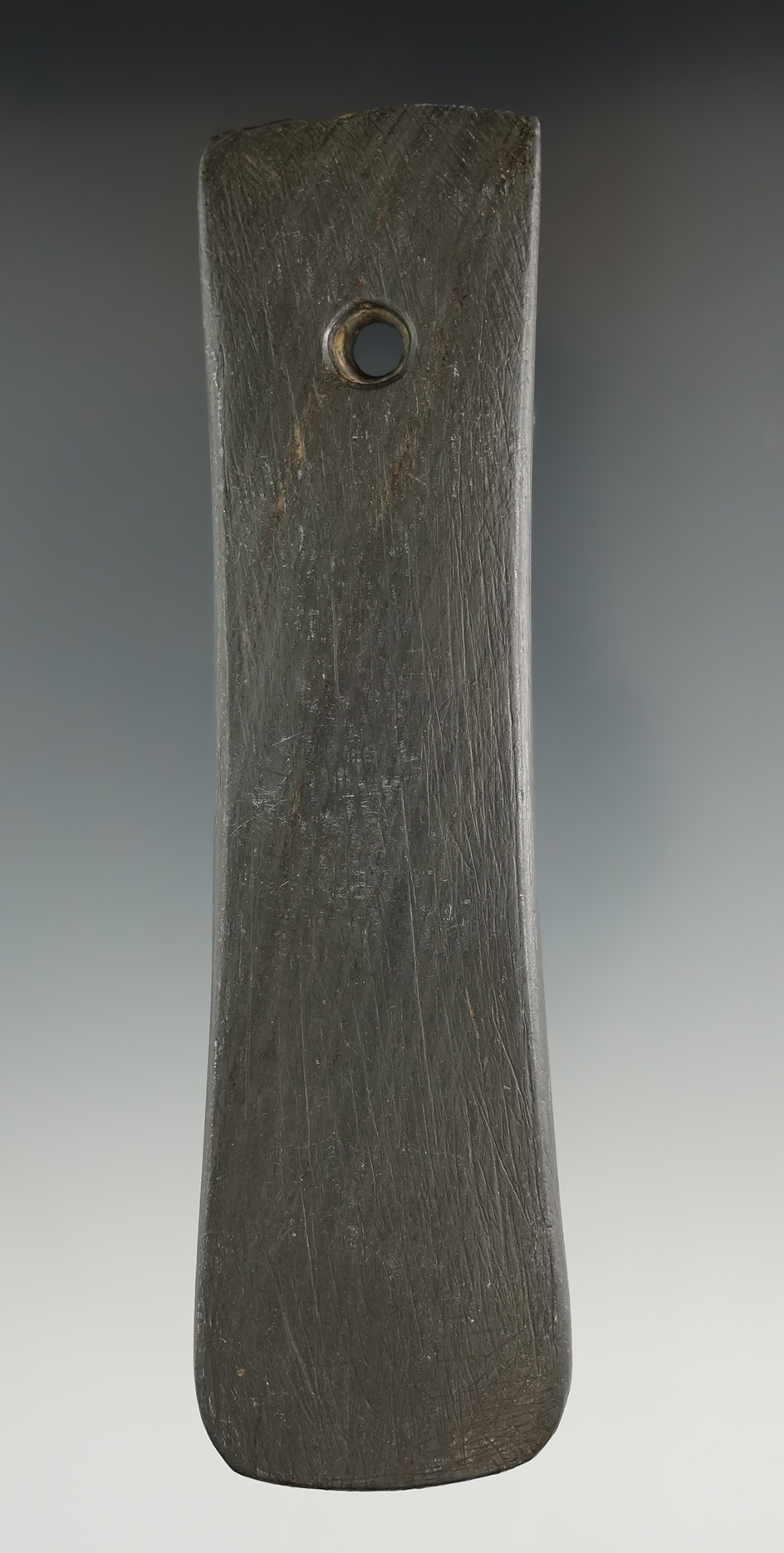 5 1/8" Adena Pendant made from gray and black Banded Slate, found in Ohio. Ex. Dick Johnson (#DJ866)