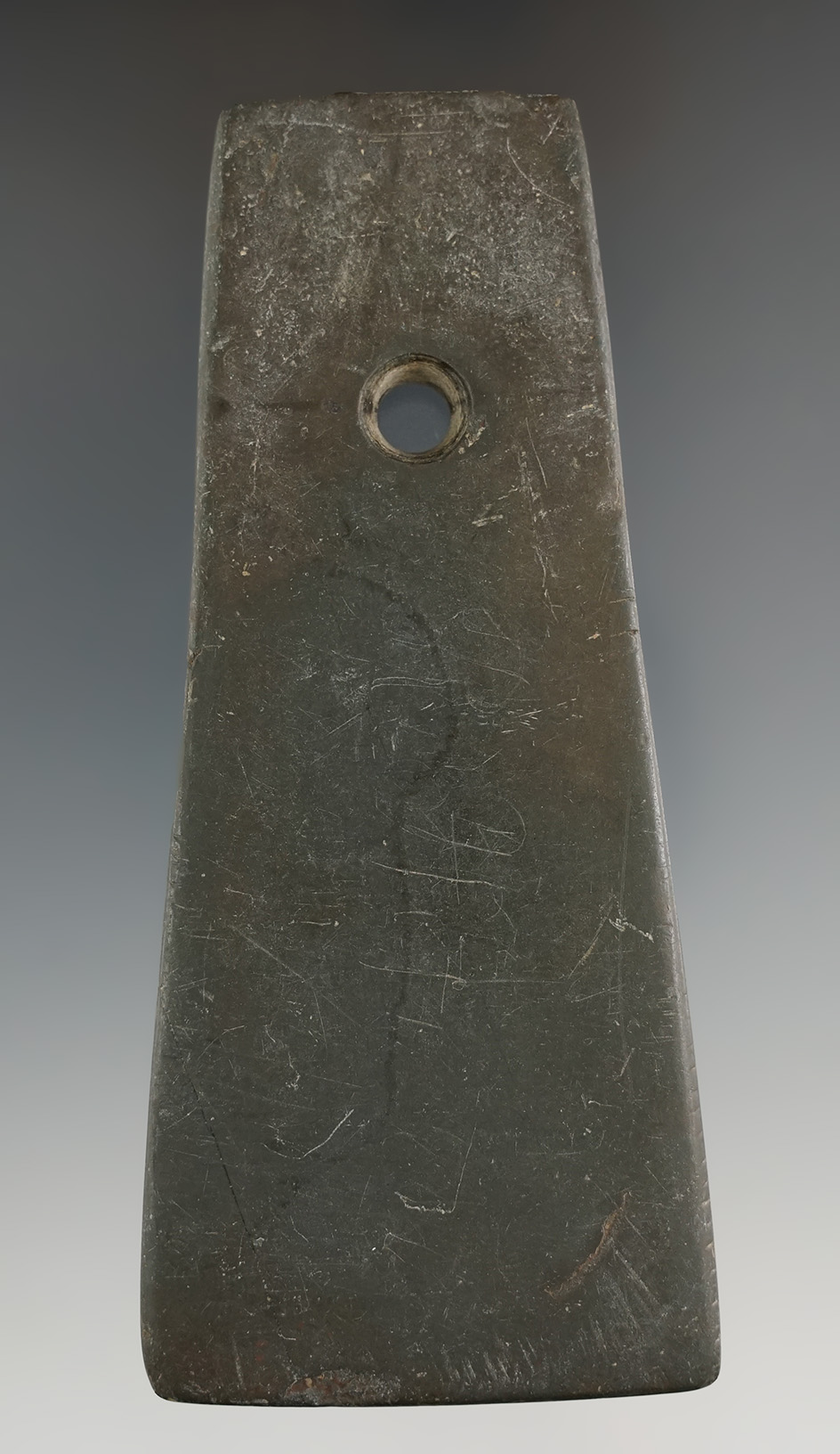 4 5/16" Adena Trapezoidal Pendant with some light tallies on one edge. Found in Van Wert Co., Ohio.