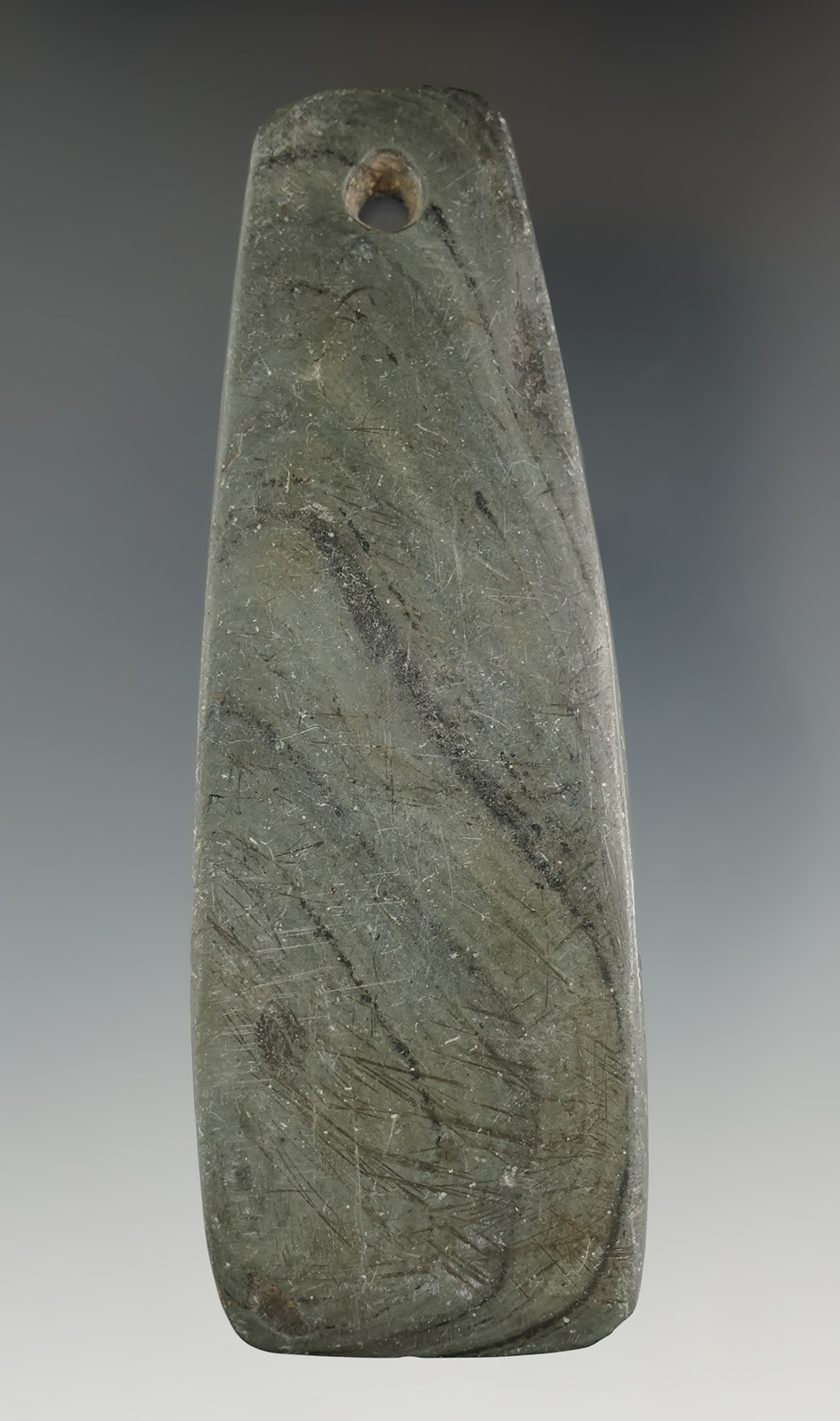 4 5/16" Hopewell Trapezoidal Pendant made from gray and black Banded Slate. Ex. Mike Kiel, Tom Cray.