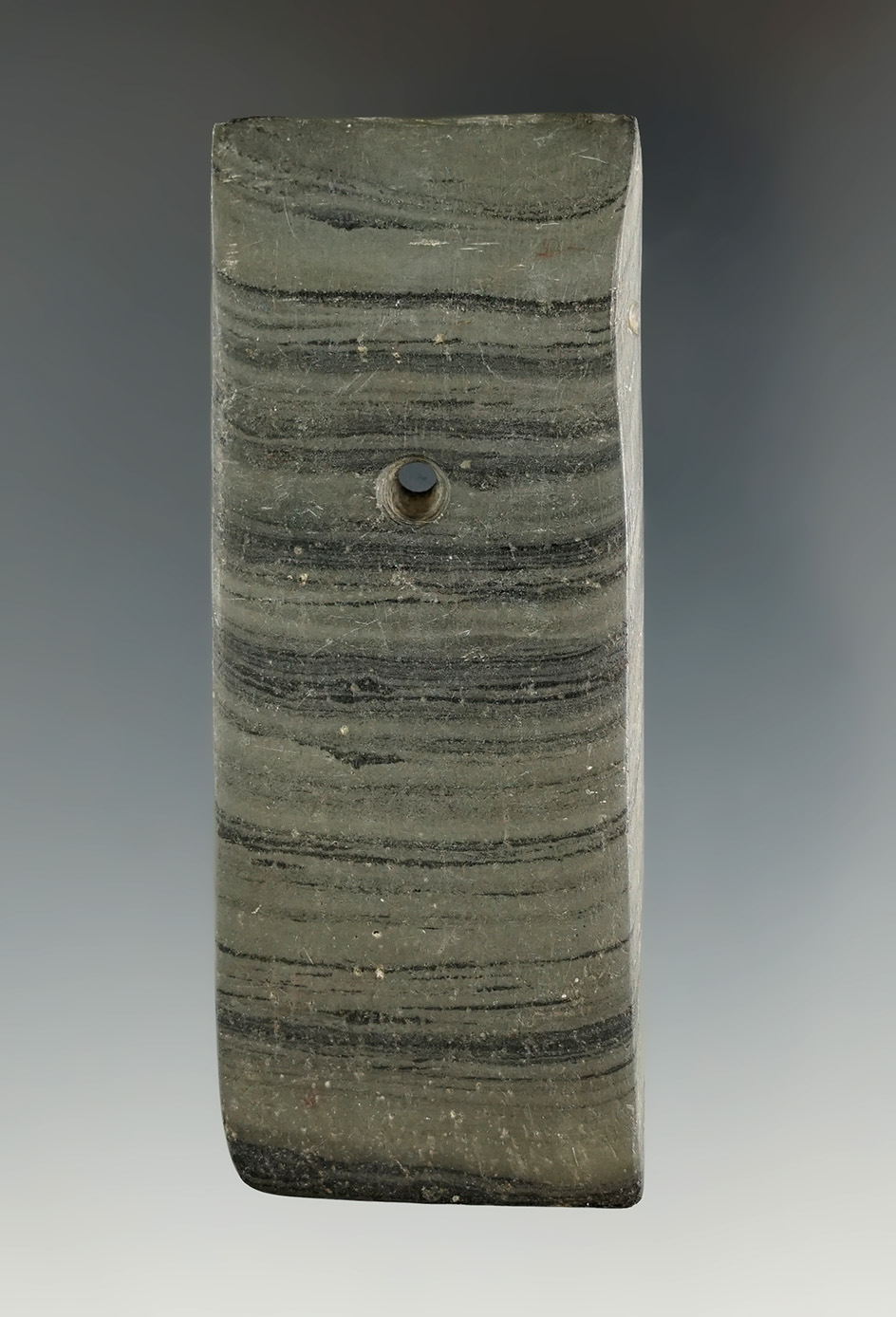 3 1/8" Hopewell Rectangular Pendant found in Delaware Co., Ohio. Pictured in Who's Who #2, page 79.