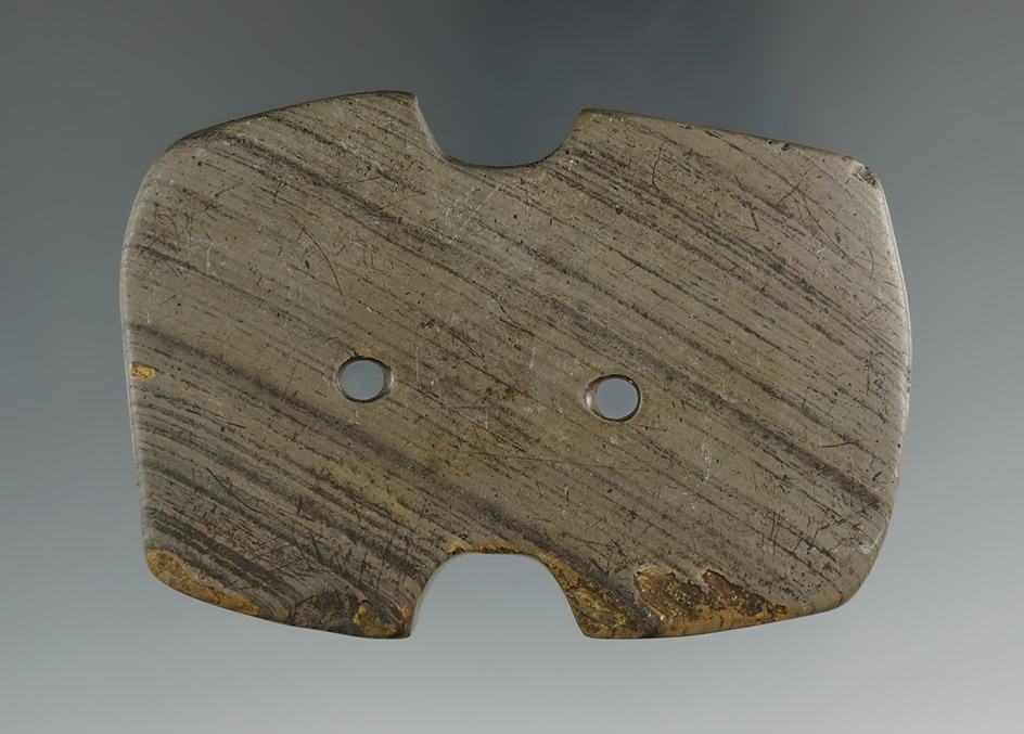 2 13/16" Miniature Hopewell Reel Gorget made from green and black Banded Slate. Ex. Bill Tiell Colle