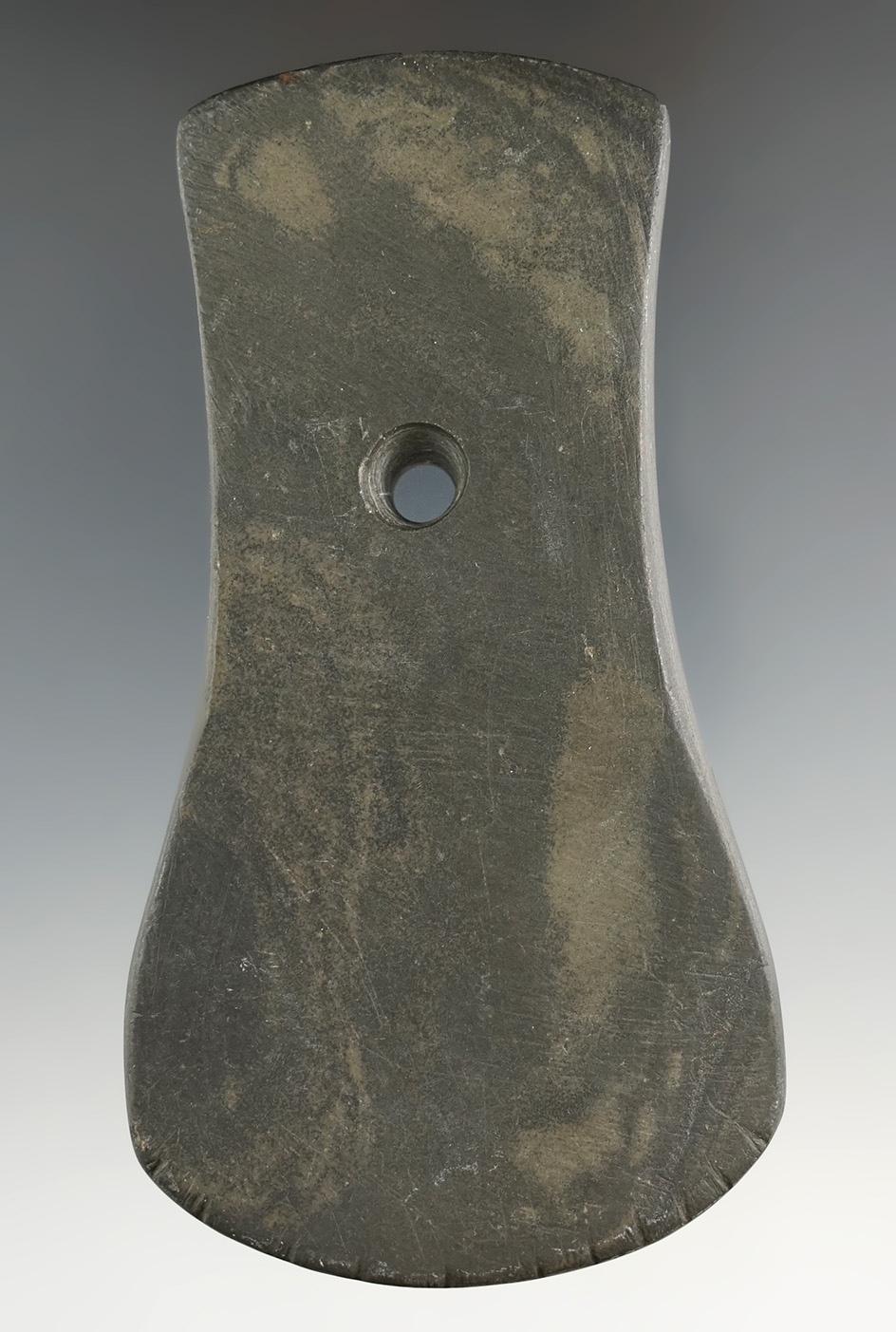 4 7/16" Adena Keyhole Pendant that is tallied on the bottom. Found in Crawford Co., Ohio. Ex. Dr. Co