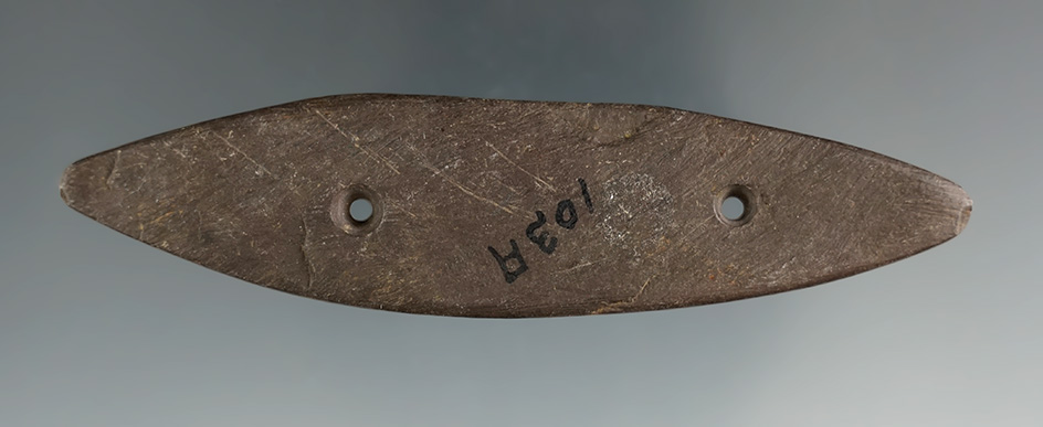 3 13/16" Mississippian Bi-Pointed Gorget made from red Slate, found in Wayandot Co., Ohio.