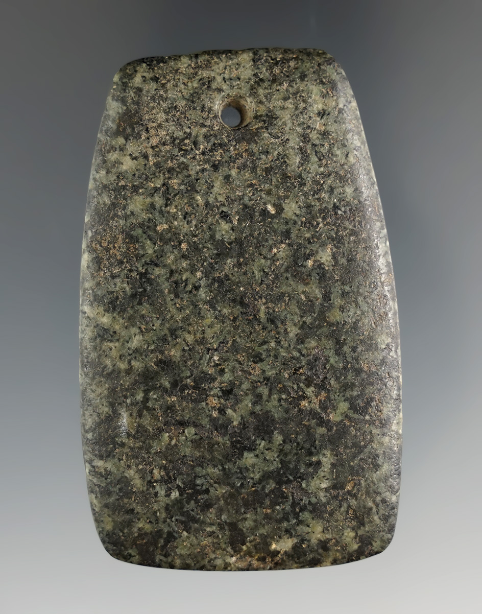 2 5/8" Trapezoidal Pendant with several worn tallies on top edge. Found in Auglaize Co., Ohio.