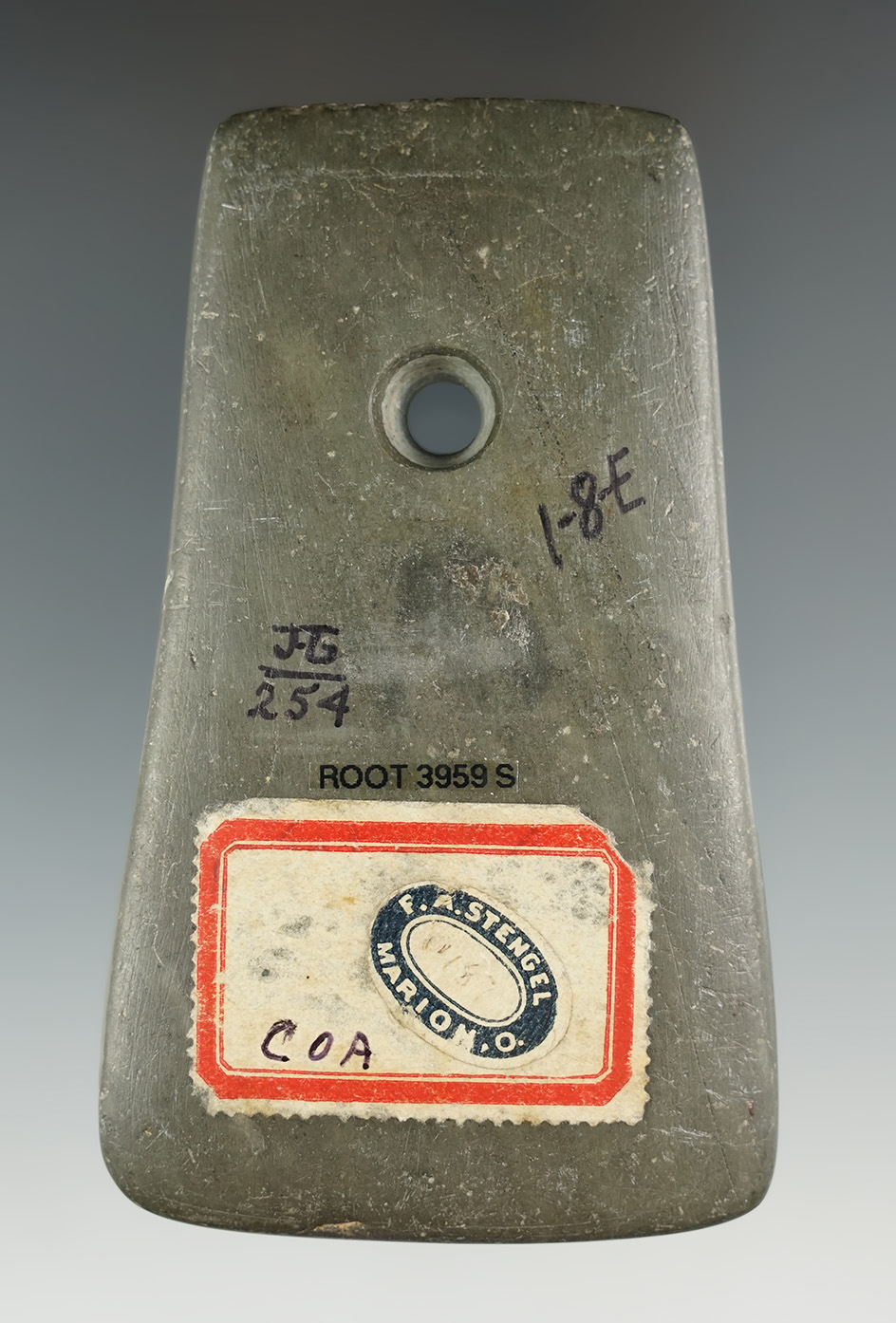 3 13/16" Adena Bell Pendant made from green and black Banded Slate, found in Van Wert Co., Ohio.