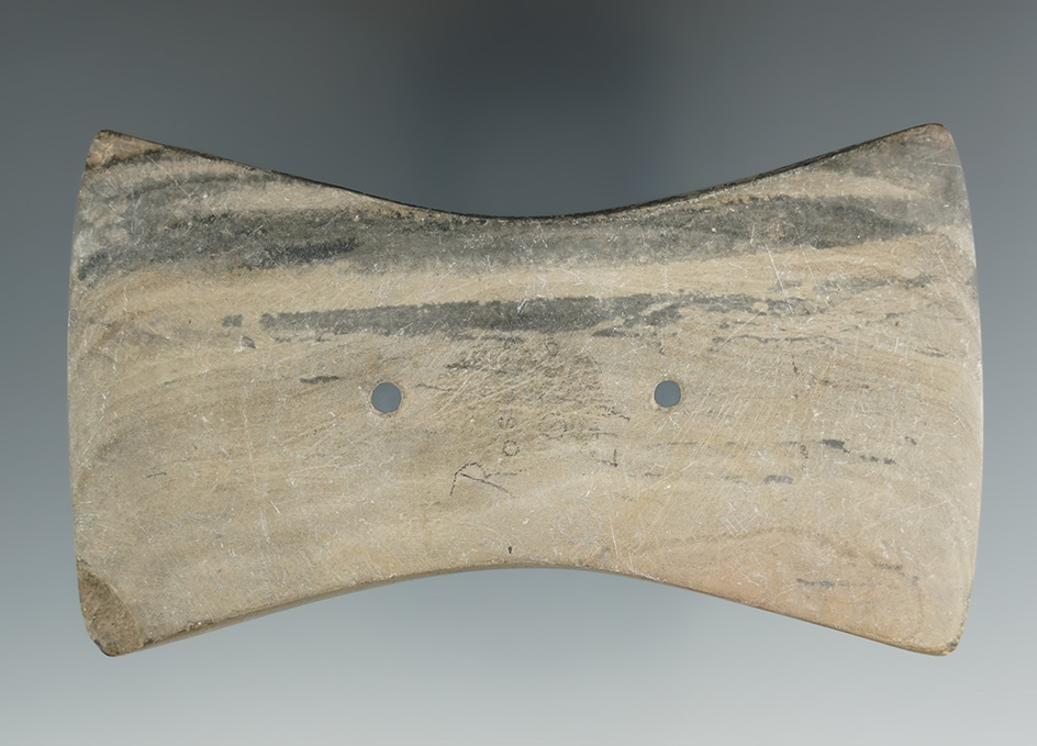 3 15/16" Adena Bi-Concave Gorget made from tan and black Mottled Slate, found in Ross Co., Ohio.  CO