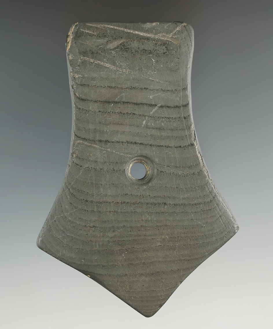 4" Hopewell Pentagonal Pendant made from Banded Slate. Pictured in Ohio Archaeologist Volume 49, #2