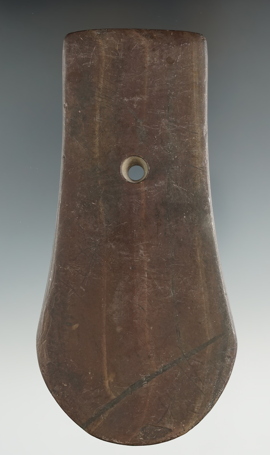 5" Adena Keyhole Pendant made from red and black Banded Slate, found in Preble Co., Ohio.