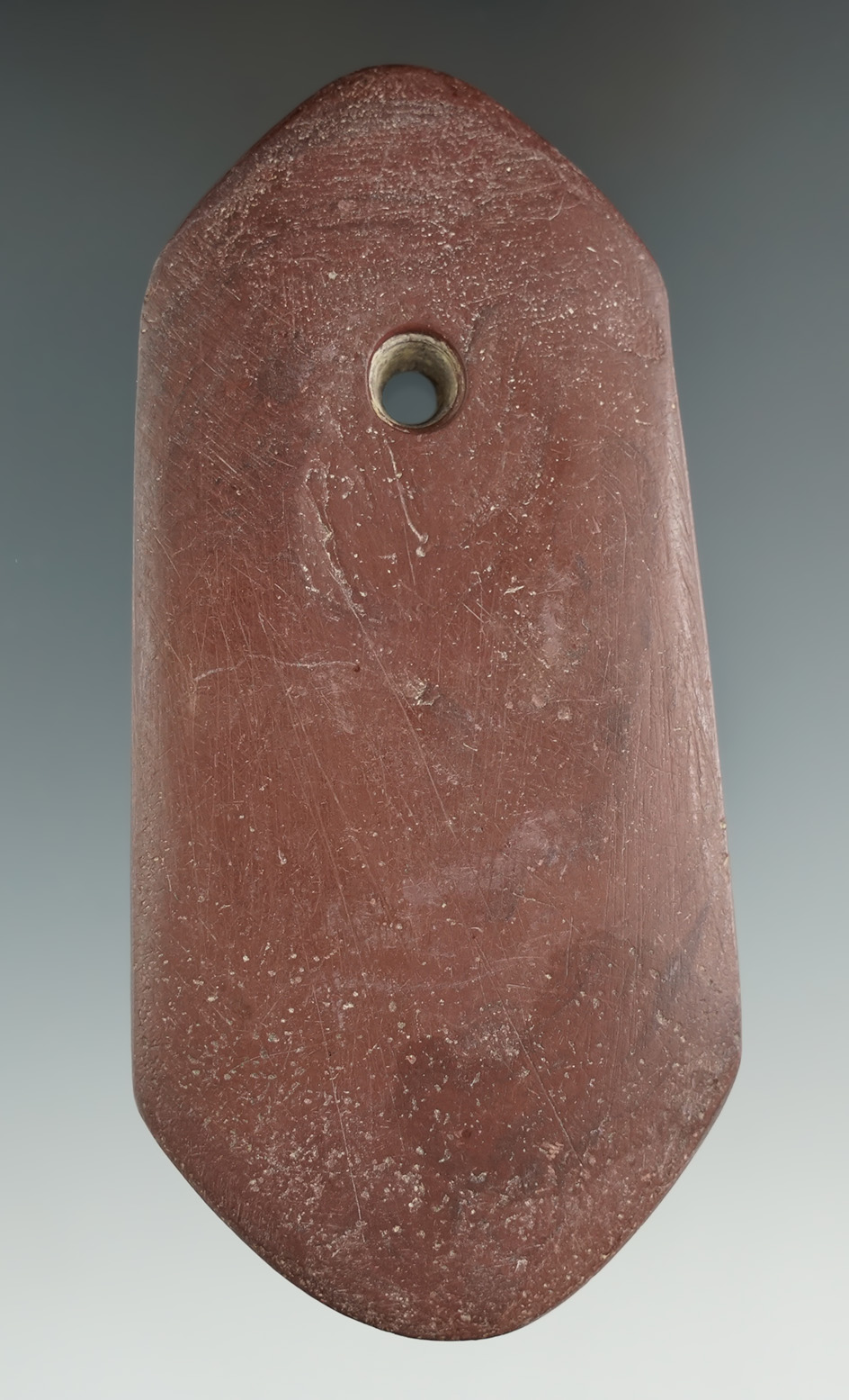 4 1/4" Adena Sextagonal Pendant made from red Slate, found by Elmer Bondley in Logan Co., Ohio. Pict