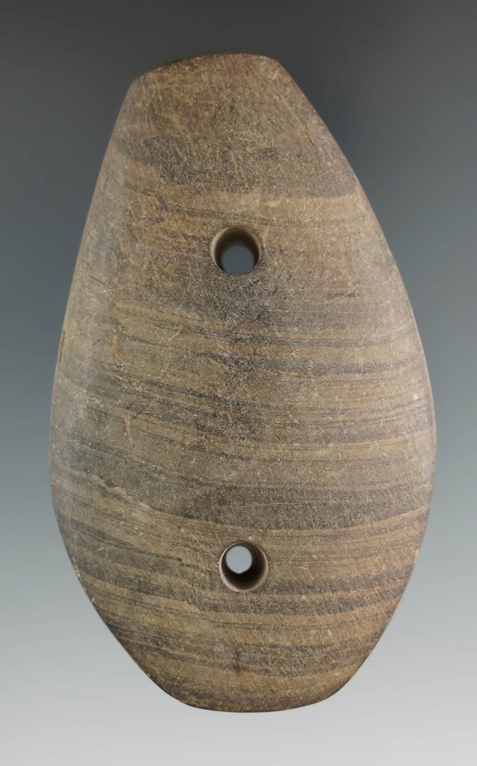 3 5/8" Glacial Kame Gorget made found in Ohio. Ex. Clem Caldwell, Phil Foley Collections.