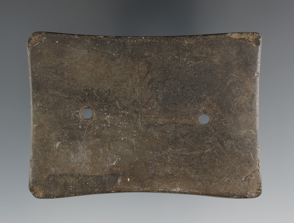 3 1/4" Adena Quadriconcave Gorget made from Mottled Slate, found in Pickaway Co., Ohio. Davis COA.