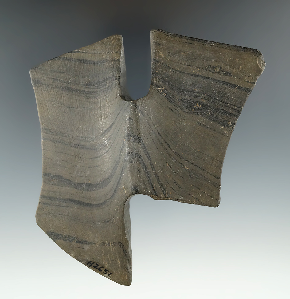 4" x 3 3/4" Salvaged Double Notch Wing Bannerstone made from Banded Slate. Ex. Hovan.
