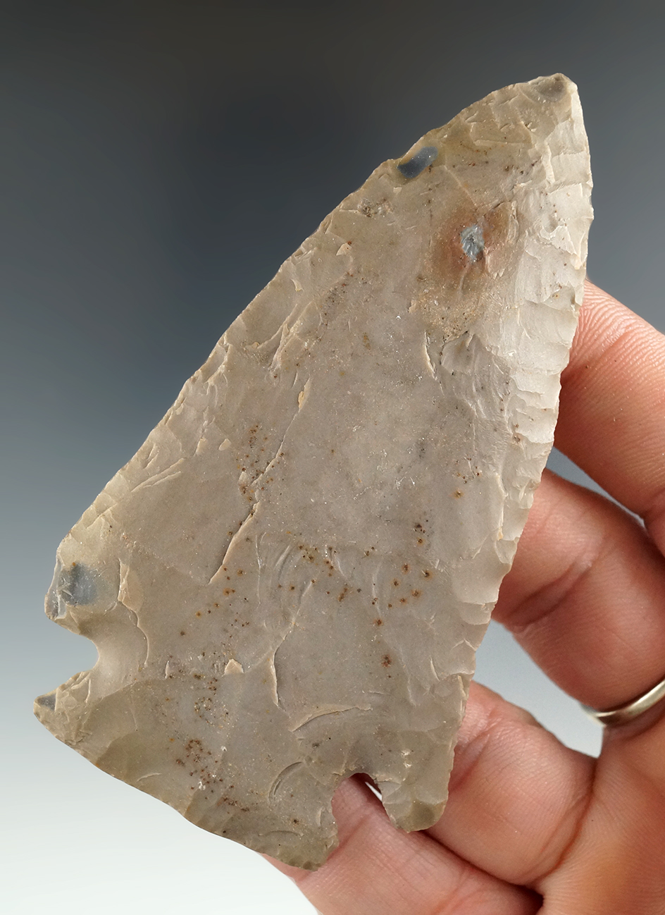 Fine 3 7/16" Archaic Kirk Cornernotch made from heavily patinated Hornstone, Rogers COA.