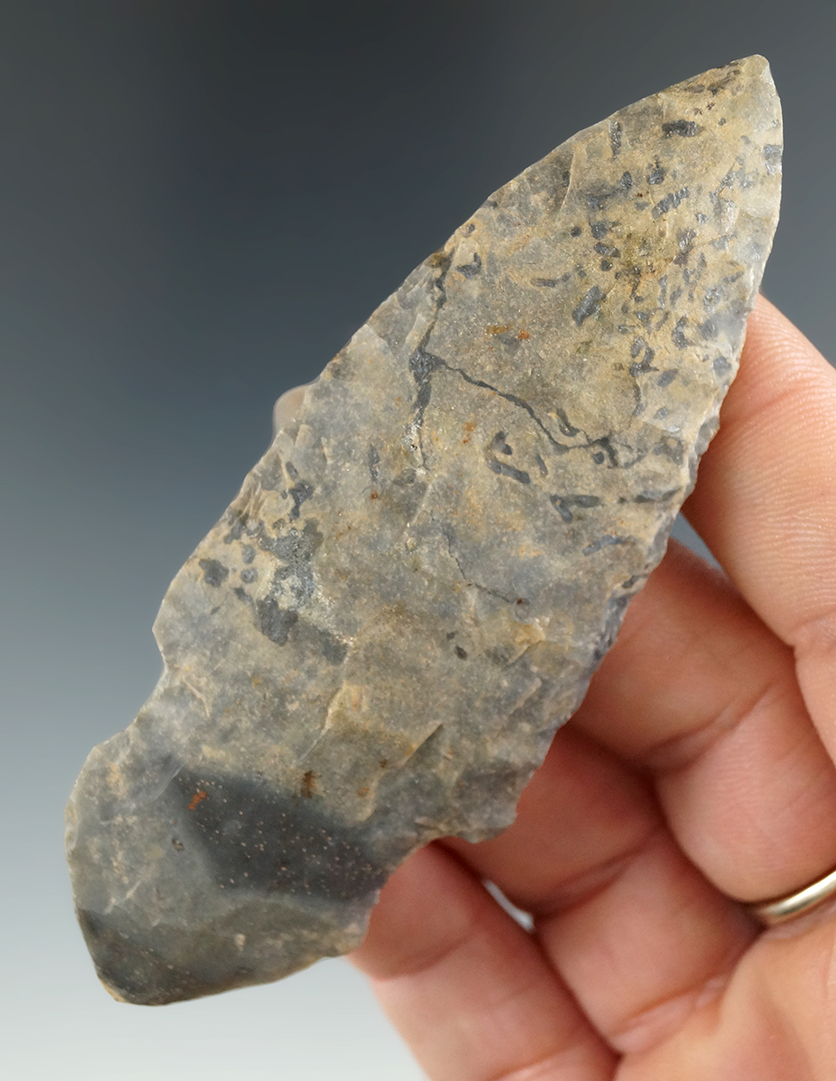 3 9/16" Turkeytail made from multi-colored Hornstone, found in Indiana. Ex. Duncan.