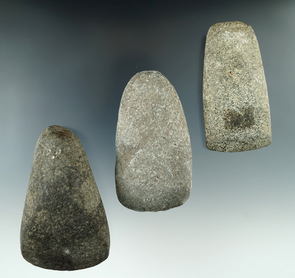 Set of three hardstone Celts found in Ohio, largest is 3 5/8".