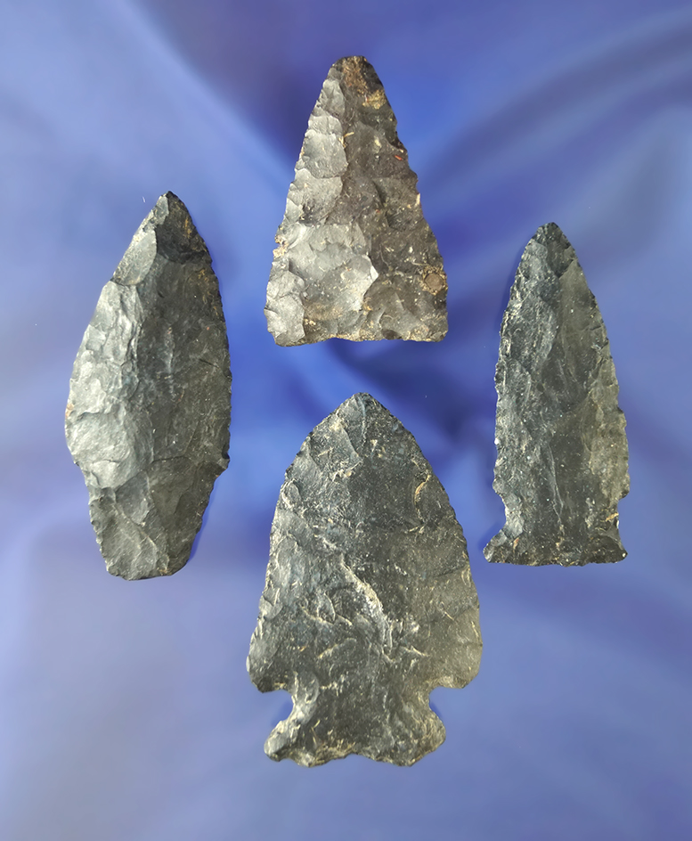 Set of 4 Flint points made from Black Upper Mercer Flint.  Indiana/Ohio border.  Ex. Honeywell.