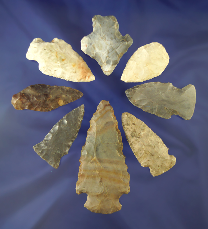 Group of Eight assorted Midwestern arrowheads, largest is 3 5/16".