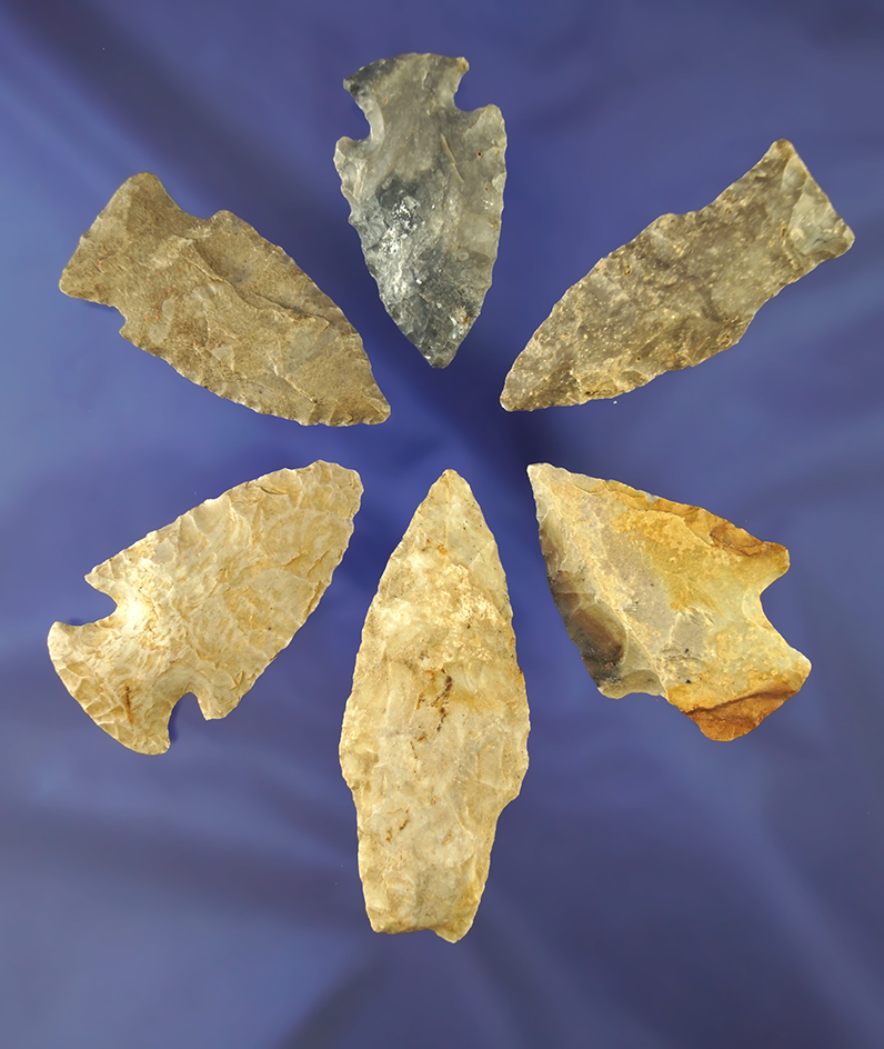 Set of six assorted Midwestern arrowheads, largest is 2 9/16".