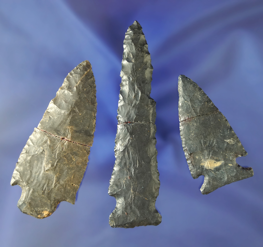 3 Flint Points that are broken and glued, including a fine Intrusive Mound Point.   Ex. Honeywell.