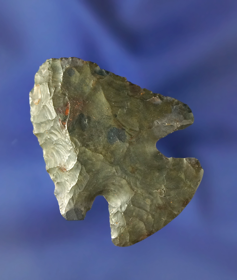 1 13/16" Green/Brown Upper Mercer Flint Thebes Bevel found in Ashland Co., Ohio.  Ex. Hooks.