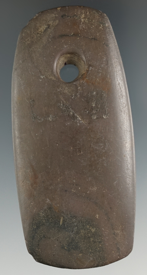 3 1/2" Adena Trapezoidal Pendant made from red and black Banded Slate, found in Wood Co., Ohio.