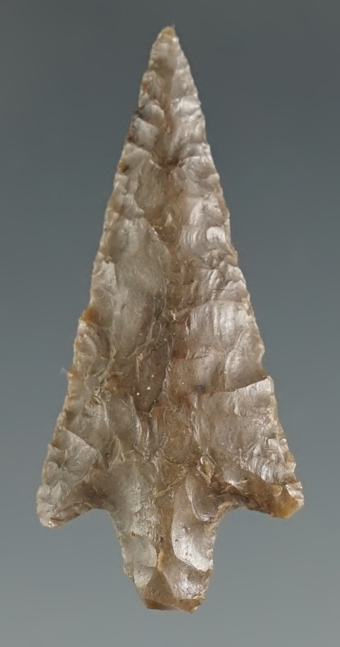 1 1/4" Rabbit Island Dart with excellent flaking, made from Jasper. Found in Washington.