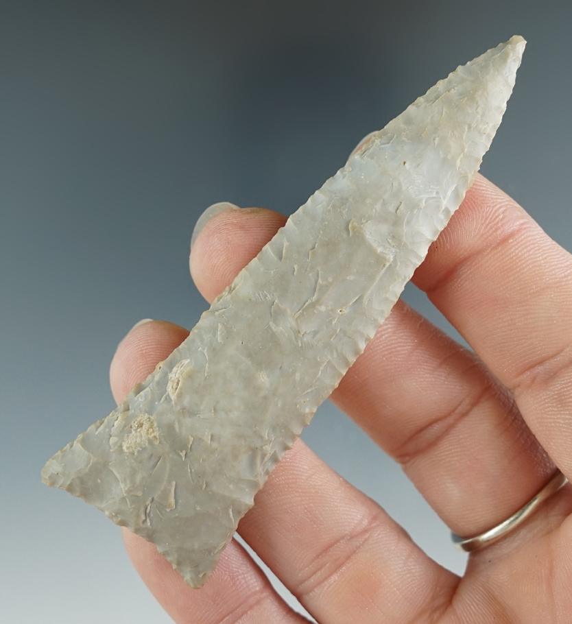 3 5/16" Darl Knife made from light gray Chert, found in Real Co., Texas. Comes with a Rogers COA.