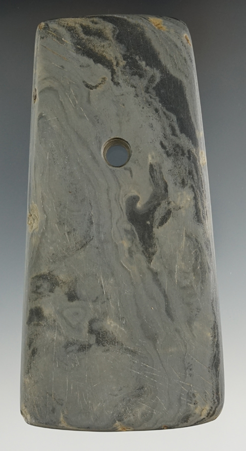 4 11/16" Adena Trapezoidal Pendant made from Mottled Slate, found in Ohio. Ex. Bob Converse