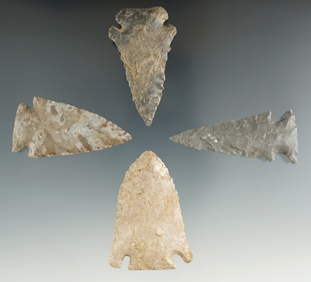 Set of four well styled Kentucky arrowheads, largest is 1 15/16".