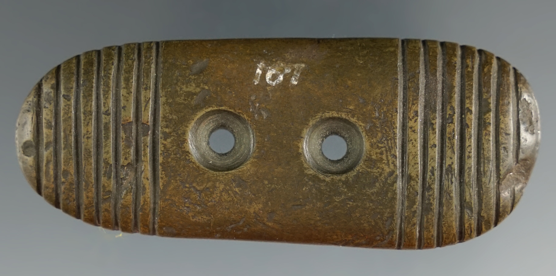 2 11/16" Highly incised Miniature Gorget found in Clark Co., Ohio. Nice unique relic. Ex. Arthur Alt