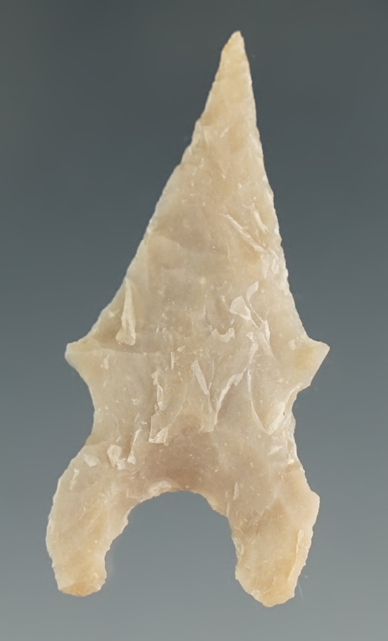 1 11/16" Gower made from tan chert, found in Real Co., Texas. Comes with a Rogers COA.