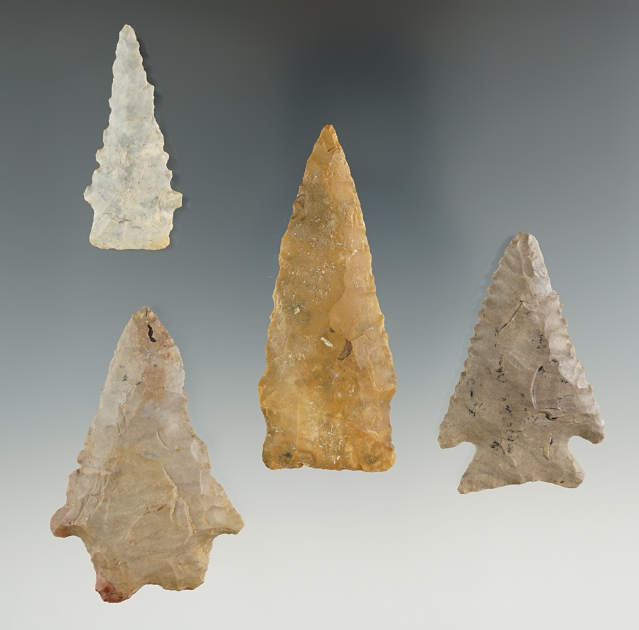 Set of four well styled arrowheads found in Kentucky. Largest is 2 5/8".