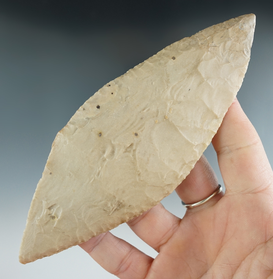 5 11/16" Archaic Knife made from light tan flint, found in McLennan Co., Texas. Restoration. COA
