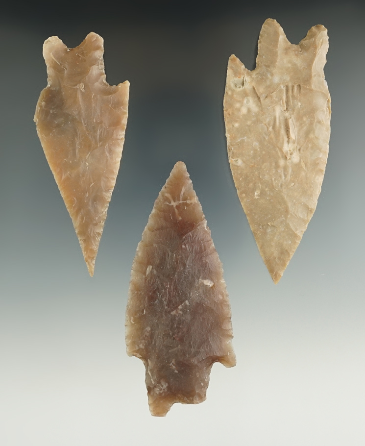 Set of three Pedernales points found in Texas with minor damage. Easy to restore, or enjoy as is.